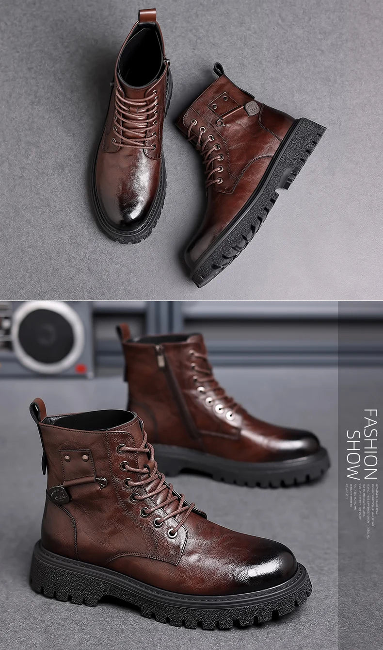 Men's High-Top Boots: British Style Thickened Sole Genuine Leather Indestructible Work Boots, Couple Big Yellow Boots for Men an