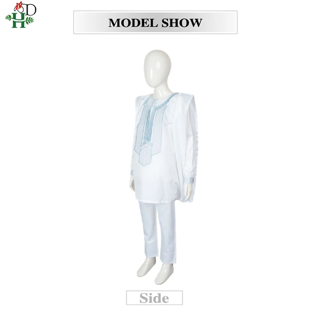 H&D 2025 African Tradition Clothes For Kids Boys White Blue Long Sleeve Tops Embroidery Dashiki Robe Shirt Pant Child Set 3 PCS