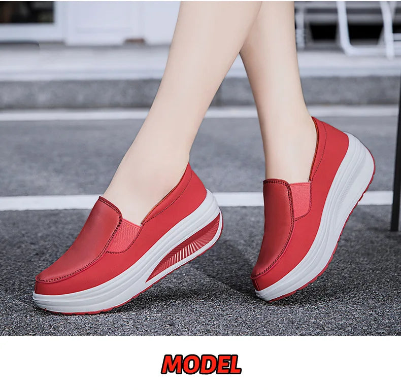Women's Shoes Spring Genuine Leather Soft Outsole Work Shoes Female Black Swing Shoes Woman Plus Size Wedges Single Shoes