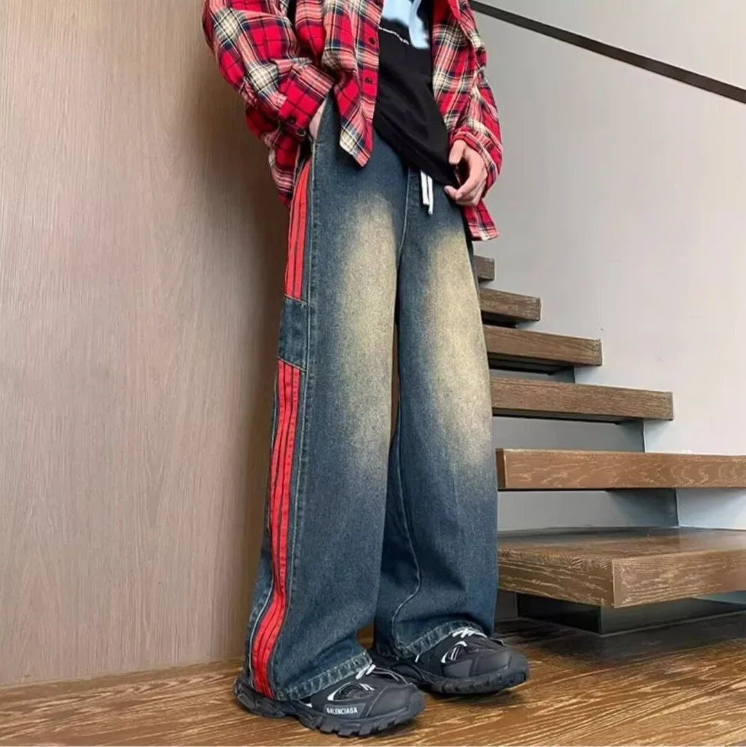 American Style Retro Men's Straight Leg Jeans Spring Autumn Trendy High Street Loose Wide Leg Long Pants Water Washed