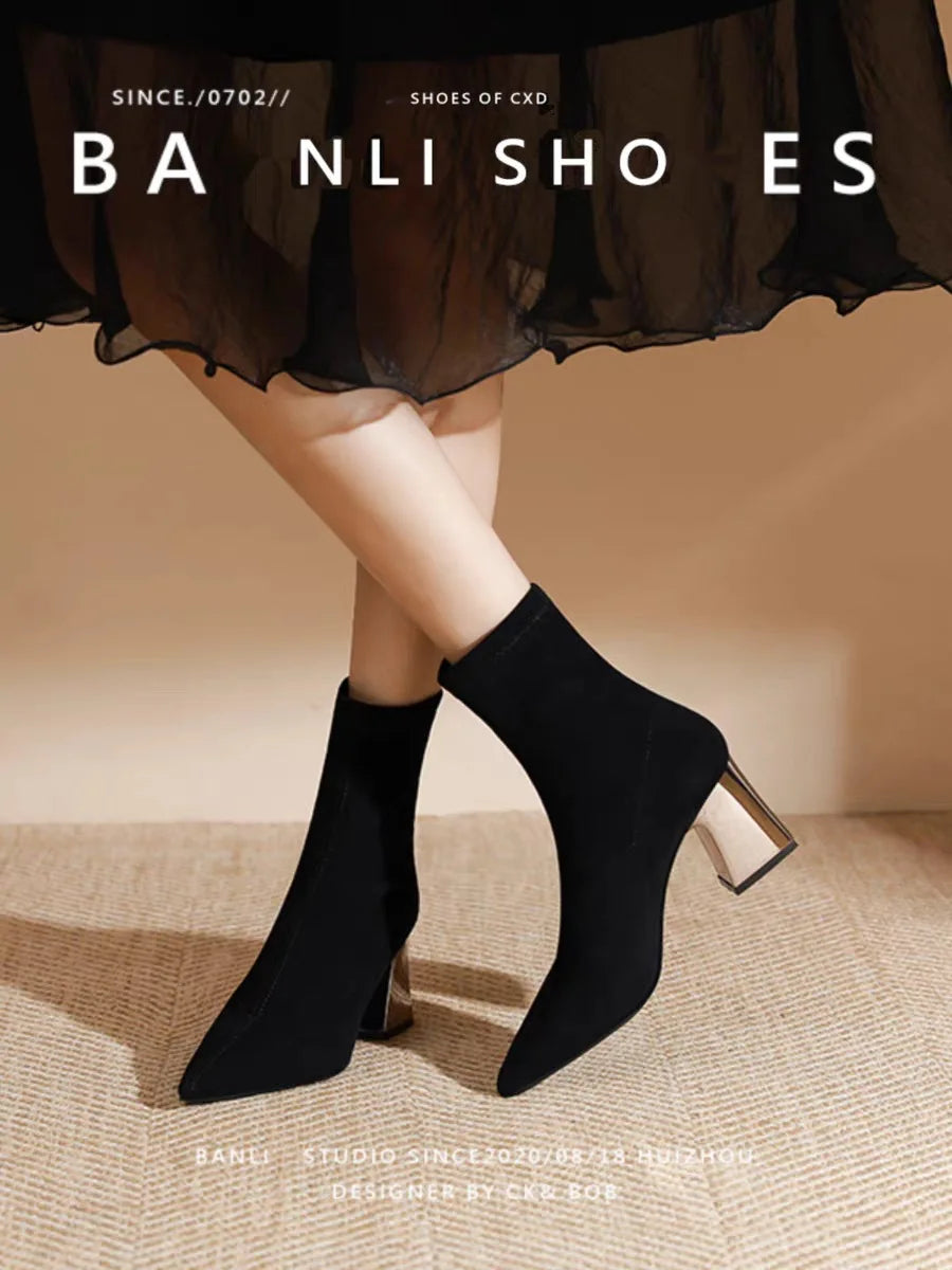 Womens Sexy Boots Suede Women'S Thick Heels And Pointed Black High Heels Versatile And Elegant Boots Zapatos De Mujer Ofertas