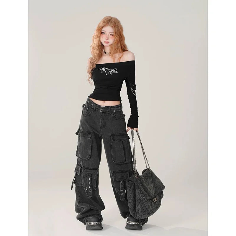 Women Y2k American Retro Mutil Pockets Cargo Jeans Vintage Gyaru Female Denim Trousers 2000s Aesthetic Grunge Pants Pantalones