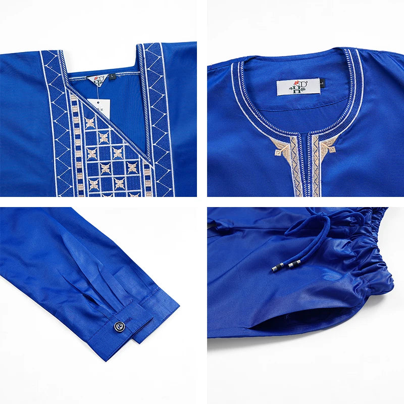 H&D 2025 African Tradition Clothes For Kids Boys White Blue Long Sleeve Tops Embroidery Dashiki Robe Shirt Pant Child Set 3 PCS