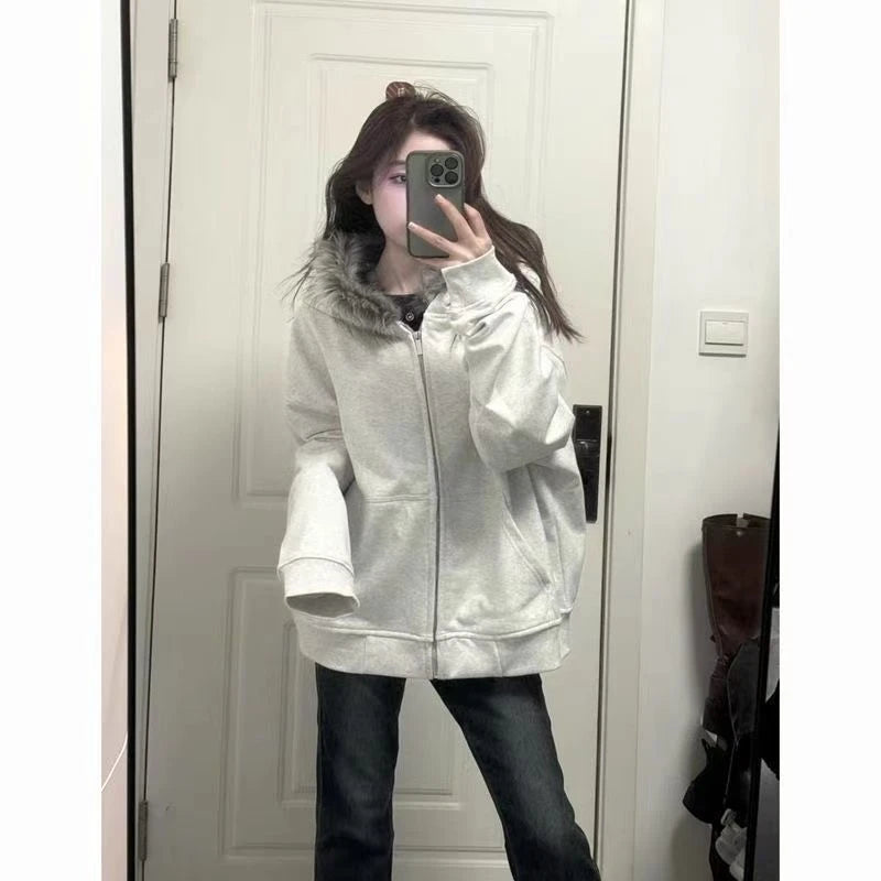Subculture Vintage Faux Fur Hooded Women Casual Y2k Clothing Korean Fashion Sweatshirts Harajuku Gothic Printed Coats Jackets