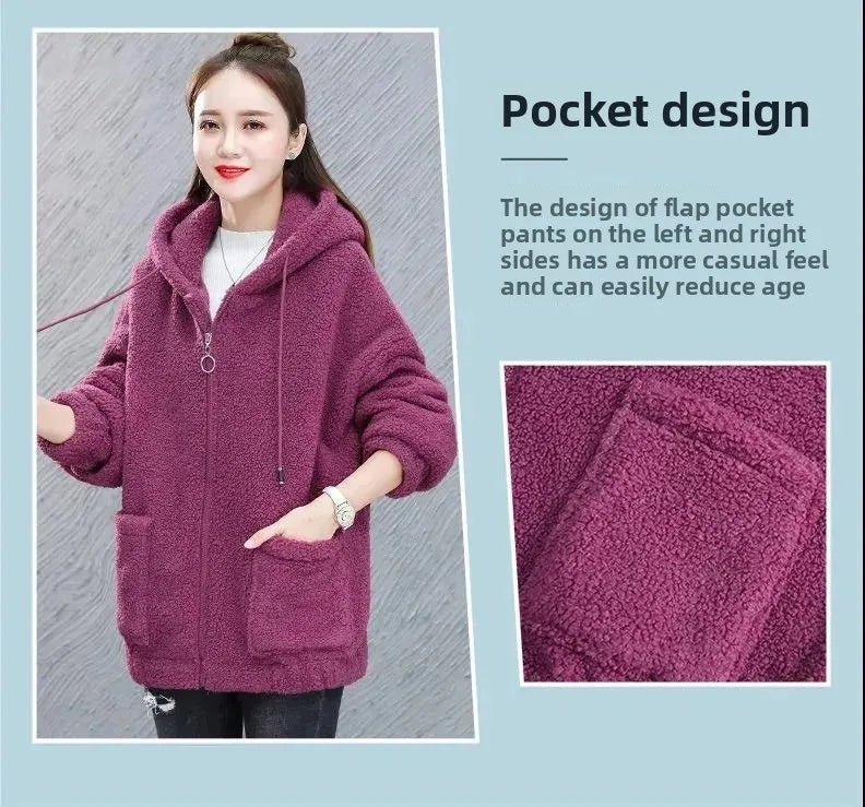 Lamb Velvet Hoodie Women's Thickened Fleece Teddy Velvet Loose Autumn Winter Korean Style Zipper Cardigan 082