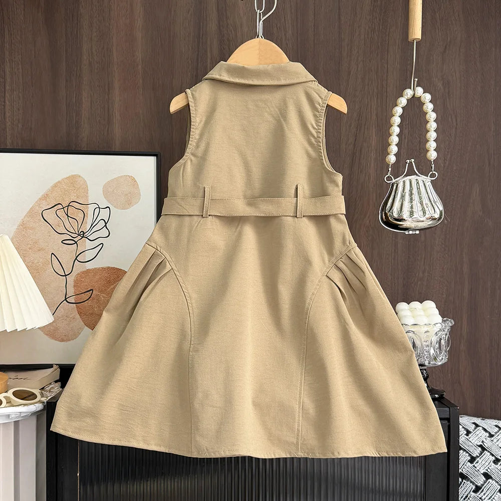 Bear Leader Fashion Girls Windbreak Dresses Summer Sleeveless Work Outfits with Waistband Solid Color Kids Clothes
