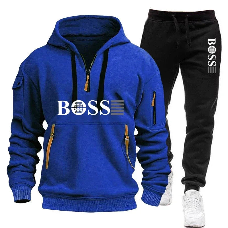 Men's Autumn and Winter New Pullovers Hoodie and Pants 2-piece Set, Outdoor Jogging Windproof Zipper Warm Men's Sportswear