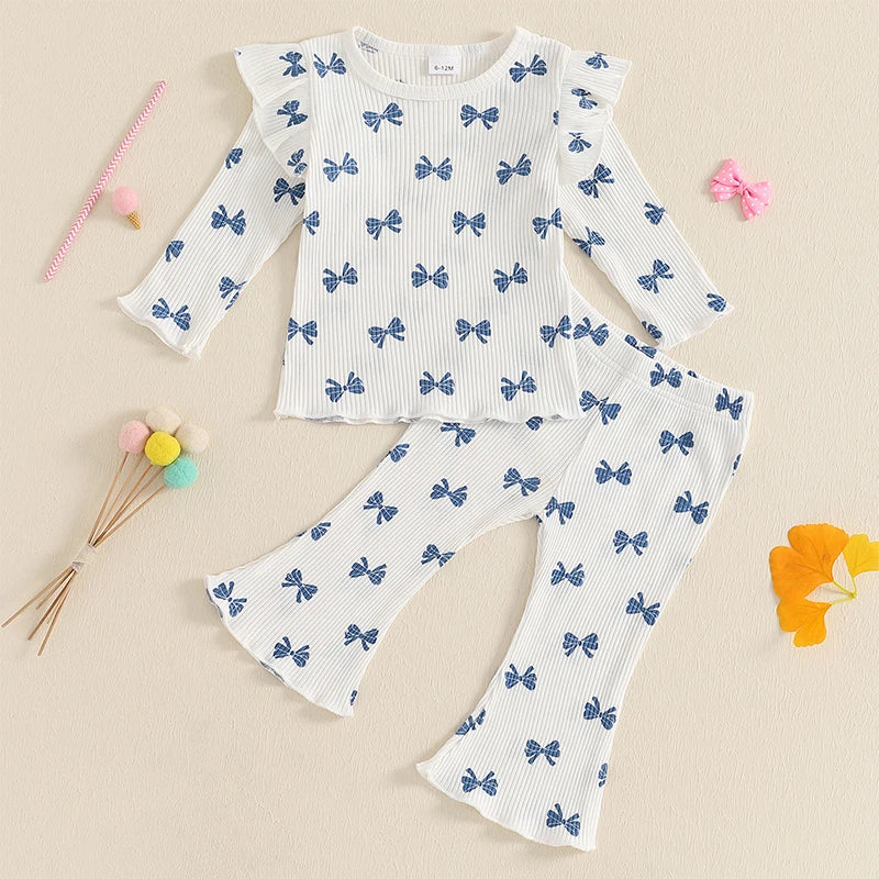 Pudcoco Kid Infant Baby Girls Pants Set, Bow Print Long Sleeve Crew Neck T-shirt with Flare Pants Fall Outfit 6M-4T