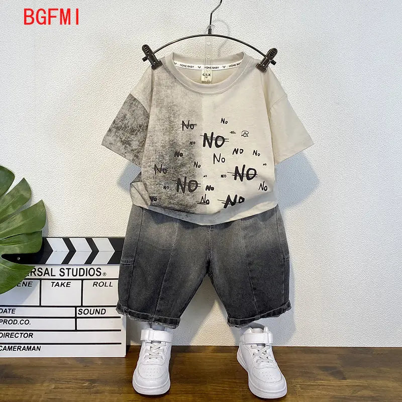 Korean Baby Boys Summer Sets Children's Clothing Short-Sleeved Letter T-Shirt & Denim Shorts Kids Boys Outfits Clothes 2-11Y