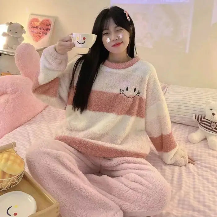 Thickened Long Sleeve Home Clothes Set with Chest Pad Winter Coral Fleece Korean Style Student Cute Large Size Home Clothes Set