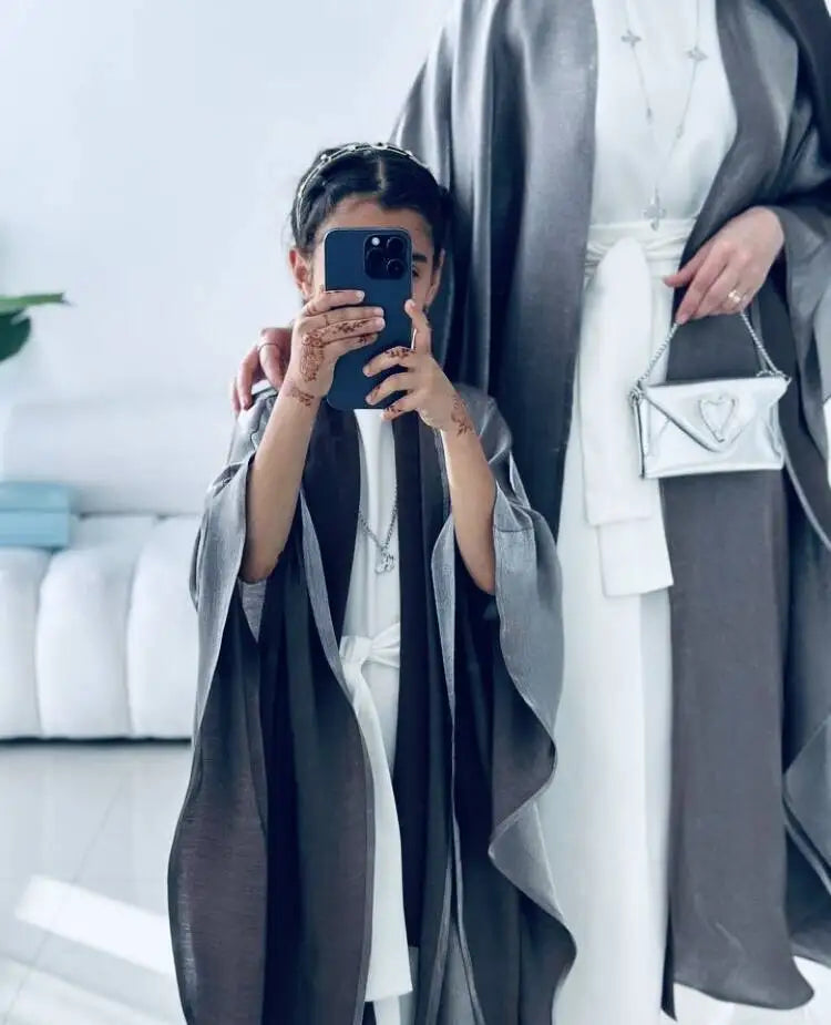 New Mother and Daughter Abaya Dubai Muslim Women Kids Girls Maxi Dress 2pcs Set Eid Djellaba Jalabiya Turkey Kimono Islamic Robe