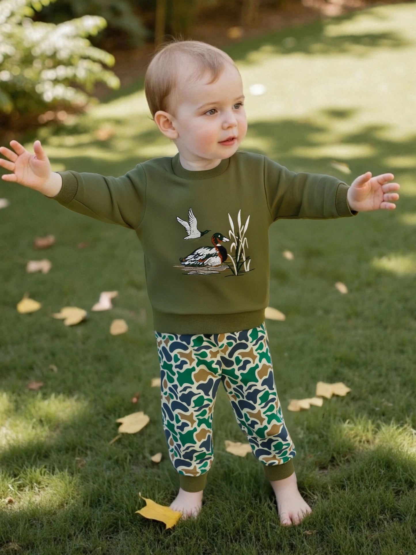 FOCUSNORM 0-4Y Casual Kids Boys Fall Clothes Sets Duck Embroidery Long Sleeve Round Neck Pullover + Camouflage Pants
