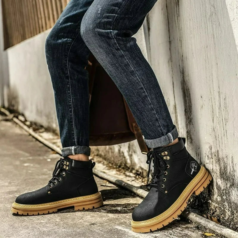 Men Ankle Boots Platform Leather Boots 2025 Fashion Brown Lace-up Boot High Top Comfortable Casual Shoes Non-slip Work Men Boots