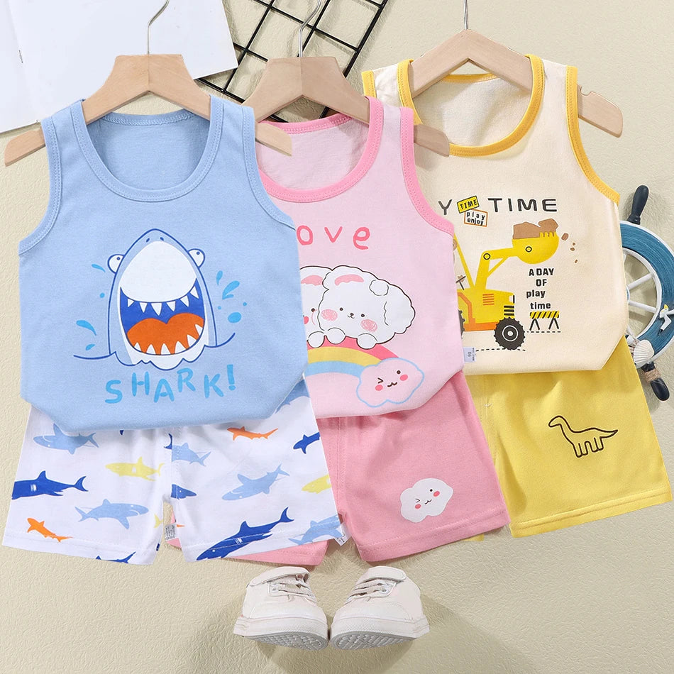 2 Pcs Summer Children's Animal Cartoon Print Vest Sets Girls Clothes Baby Korean Thin Boys Kids Sleeveless Casual Clothing Sets