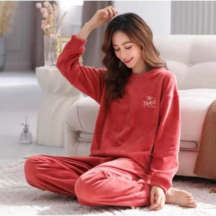 Thickened Long Sleeve Home Clothes Set with Chest Pad Winter Coral Fleece Korean Style Student Cute Large Size Home Clothes Set