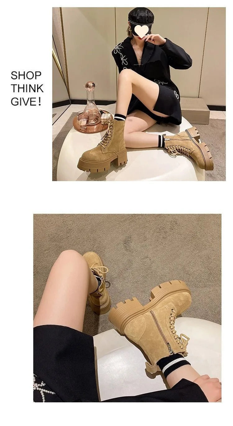 Women's Boots Retro Leather Designer Shoes for Women Luxury Short Boots Platform Non-slip Motorcycle Shoes Round Toe Ankle Boots