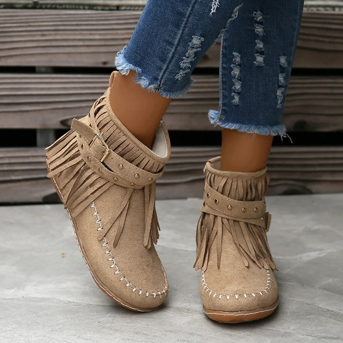 Botines Autumn Women Shoes Flat Heel Ankle Boots Retro Suede Tassel Women Boots Fashion Round Toe Soft Sole Short Boots Casual