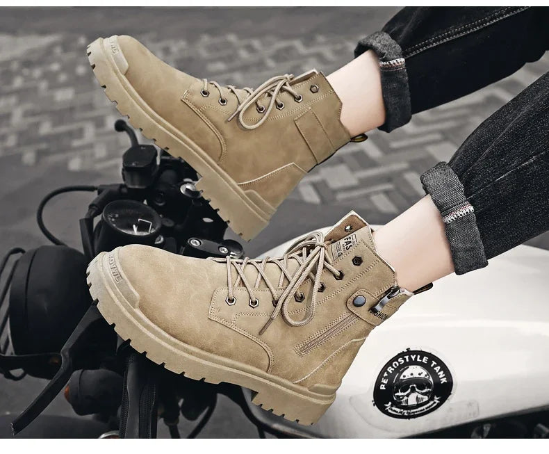 Men's Boots Fashion Motorcycle Ankle Boot New High Top Leather Boots for Men Non Slip Platform Work Safety Boot Botas Hombre