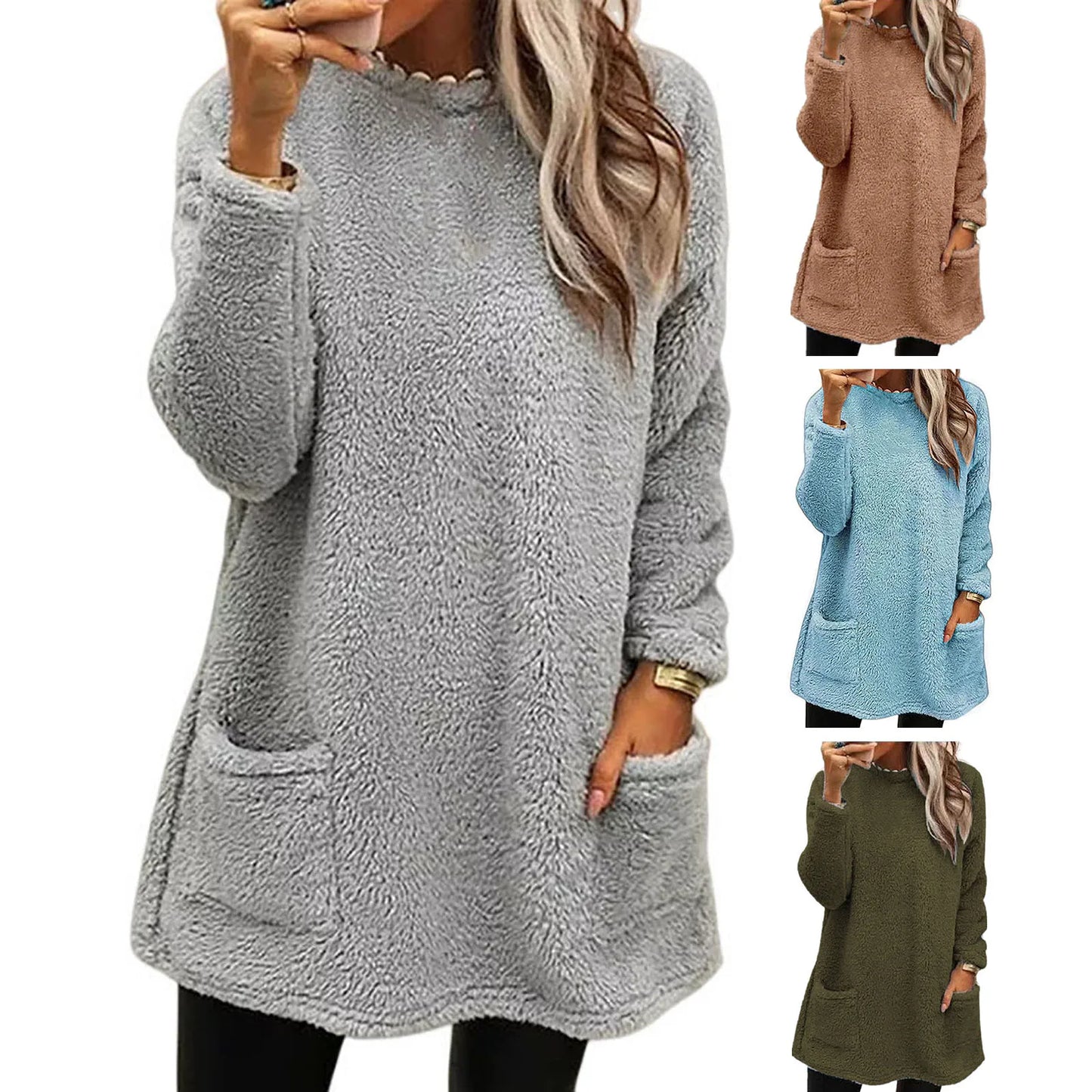 Autumn Winter Casual Women Solid Color Crew Neck Long Sleeve Sweatshirt Pullover