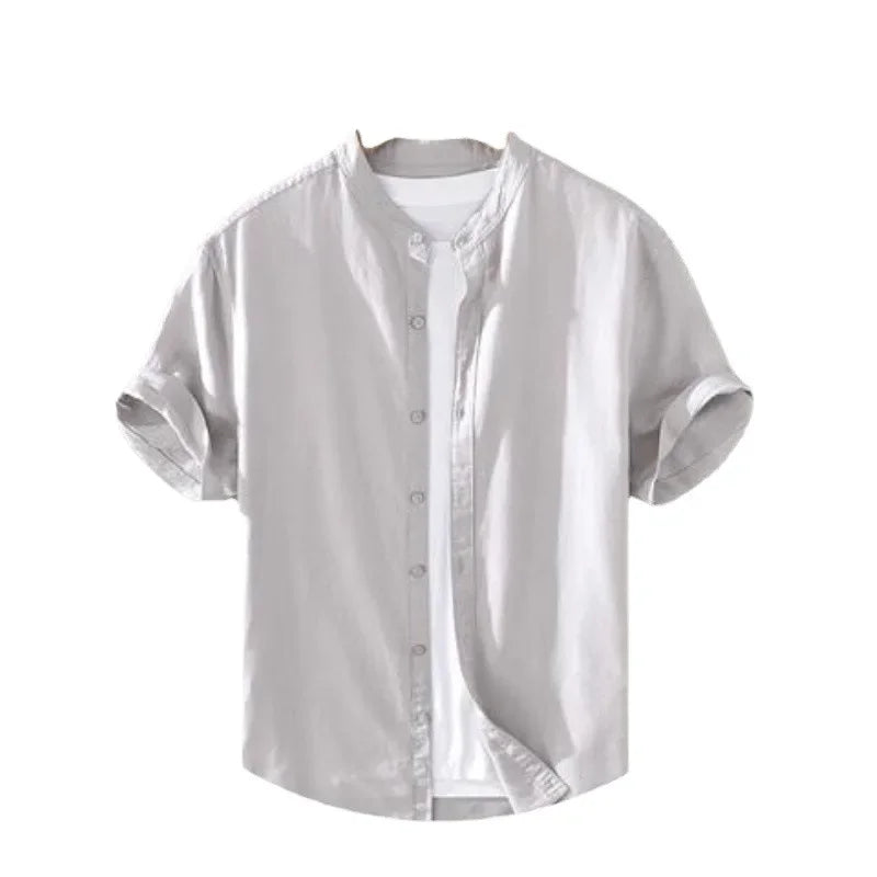 Japanese Style Loose Fit Lightweight Short Sleeve Linen Shirt round Neck Summer Casual Menswear White Cotton Linen Blend