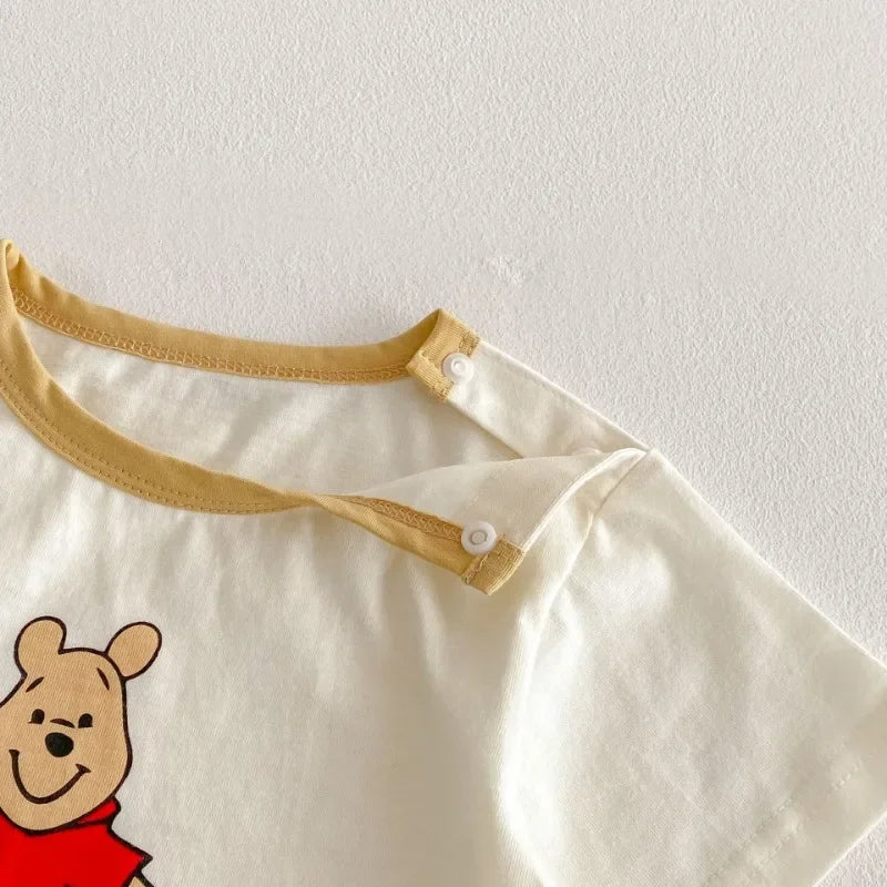 Baby Cartoon 2pcs Set for Summer Winnie Bear Short Sleeve T-shirt Loose Denim Straps Shorts Girl and Boy Clothes Set