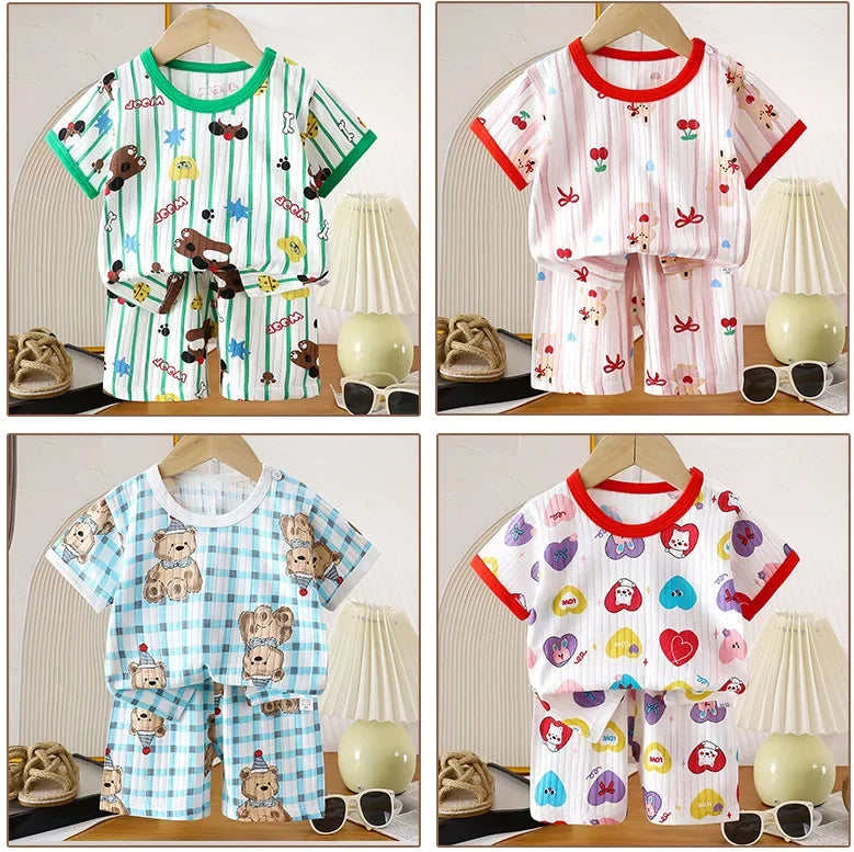 Kids Summer Pure Cotton Clothing Sets Boys Girls Cute Cartoon Short Sleeve T-Shirt Tops with Shorts Toddler Baby Casual Pajamas