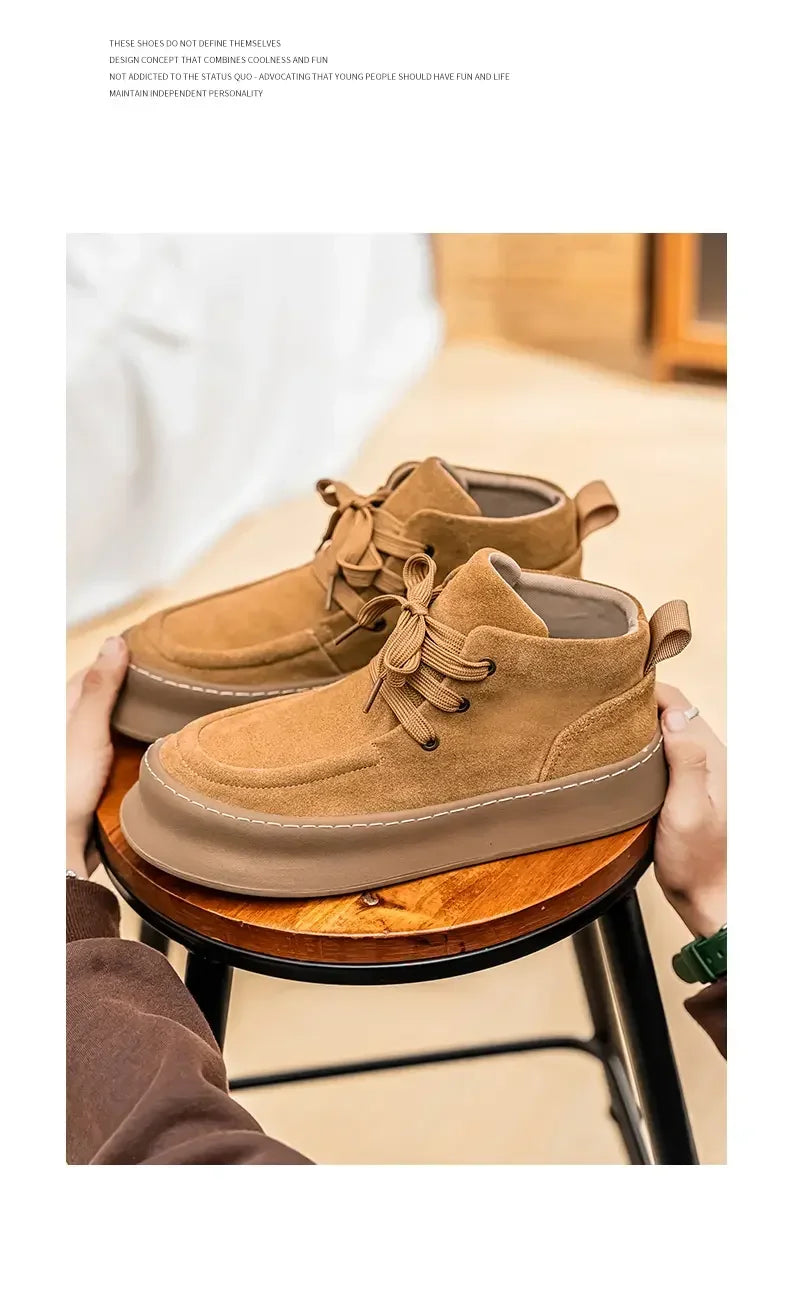 Men's High-top Boots in Solid Colors Flat Heels and Lace-up A Trendy Brand Design for The Four Seasons Fashion Walking Boots