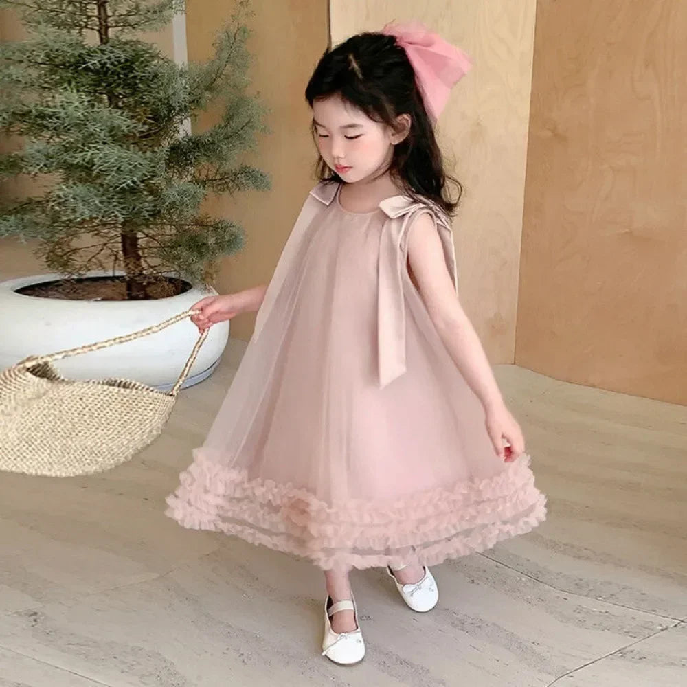 Pink Dreamy Sweet Girl Fairy Princess Dress Sleeveless Bow Decoration Mesh Lace Children's Casual Clothes Birthday Party Summer