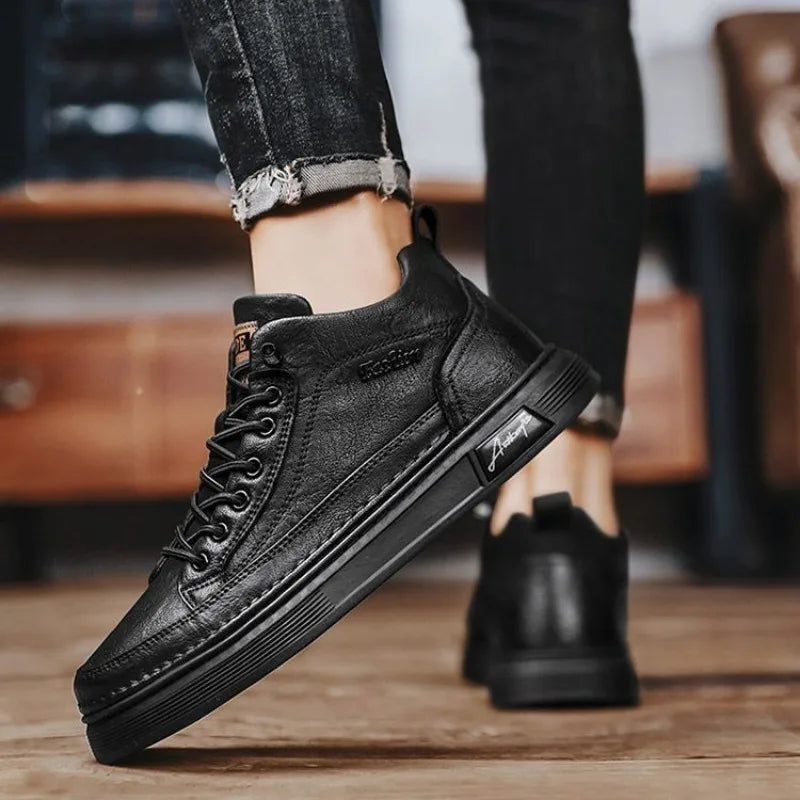 Classic Men Leather Casual Shoes Spring New High Top Platform Shoes Loafers Luxury British Business Style Walking Shoe Masculino