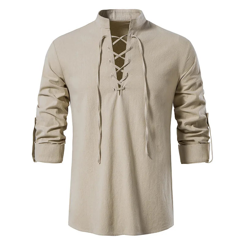 Men Cotton Linen Lace Up Long Sleeve Solid Blouse Shirts Summer Male Solid Loose Pullover Blouse Tops ARJ-A1776