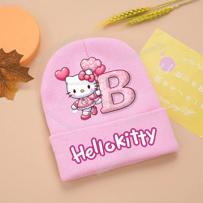 Hello Kitty Kids Knitting Hats Cute Letter A-Z Girl Winter Beanies Cartoon Print Weaved Bonnet Winter Warm Children Beanies Caps