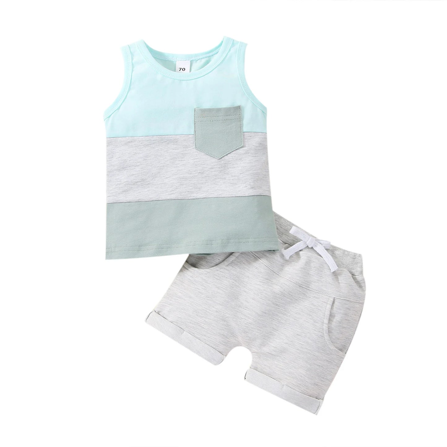 Infant Baby Boys 2PCS Pants Suit, Sleeveless Patchwork Crew Tank Tees + White Straps Short Pants, Toddler Boys Casual Outfit