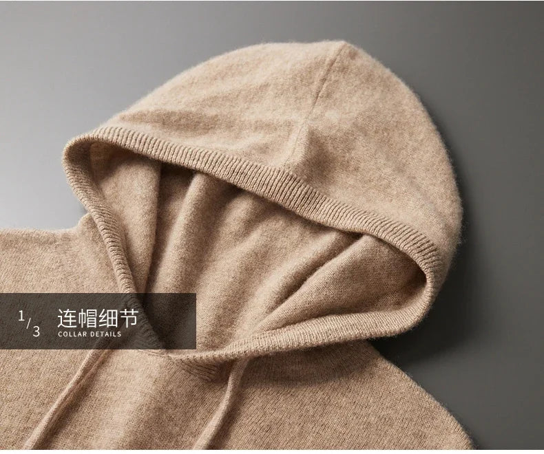 Men's One-piece ready-to-wear Hoodie 100% Merino Wool Knitted Sweatshirt Autumn Winter Casual Large Top Long Sleeved