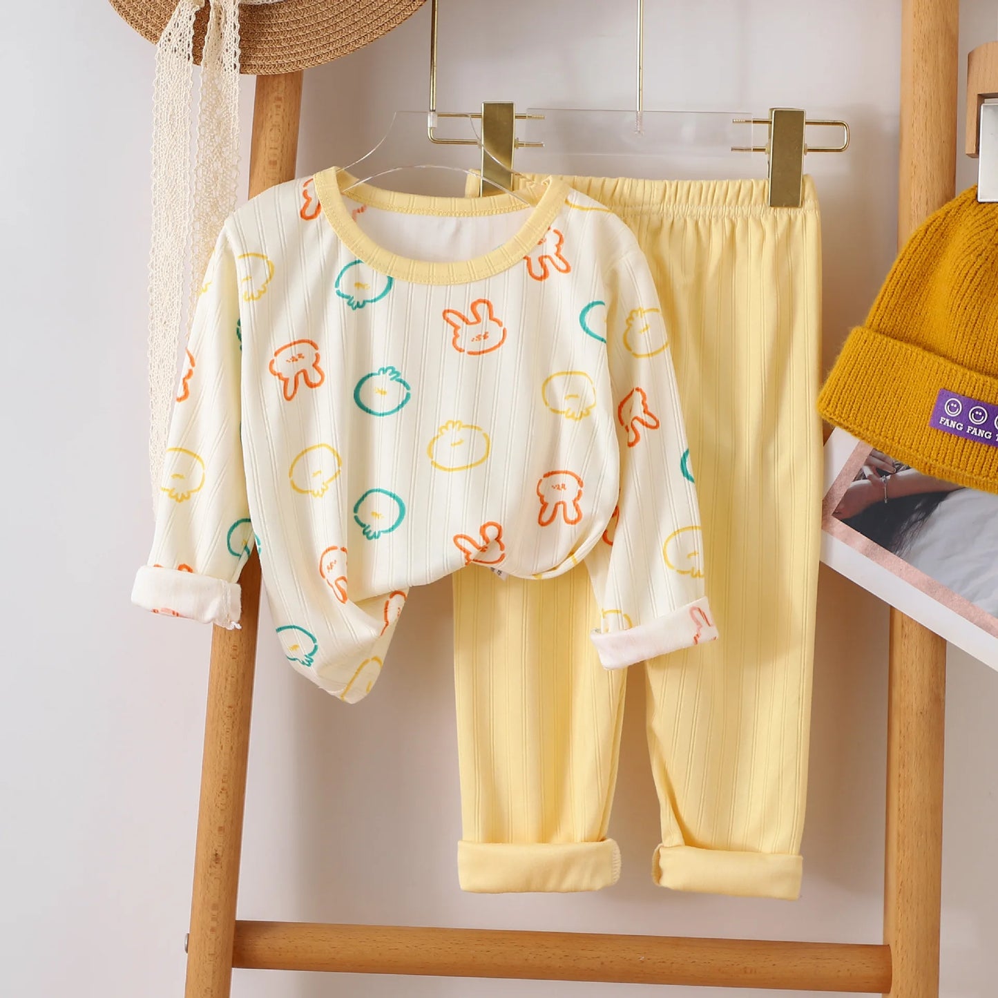 Children's warm underwear set boys girls autumn winter plush thick pajama set infants and young children home clothing set 0-5Y