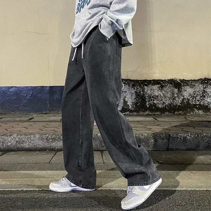 Men Casual Loose Jeans Male Streetwear Fashion Straight Wide Leg Denim Pants Elastic Waist Comfortable Solid Color Gray Trousers