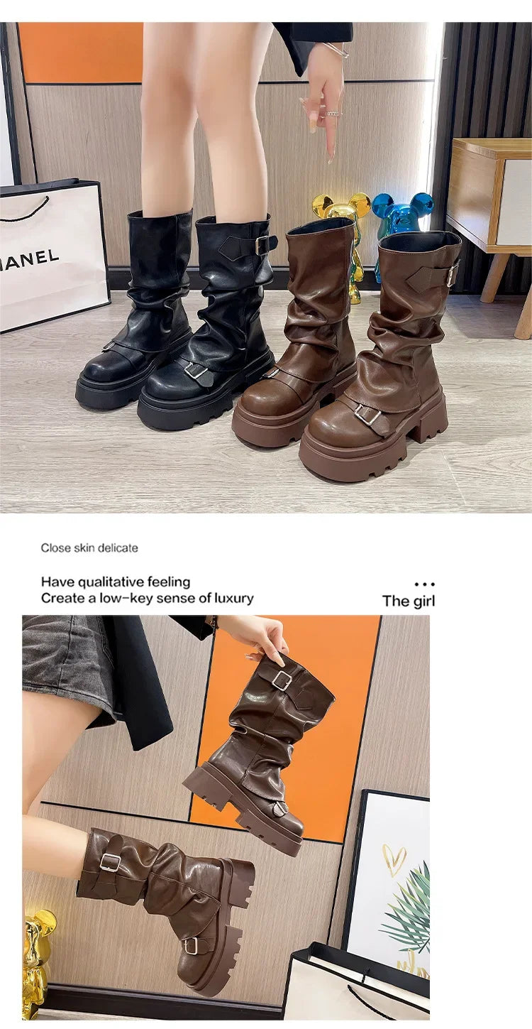 Women's Boots Brown Maillard Retro New Spring Autumn Height Increasing Comfortable Anti Slip Fashion Belt Buckle Boots 2025