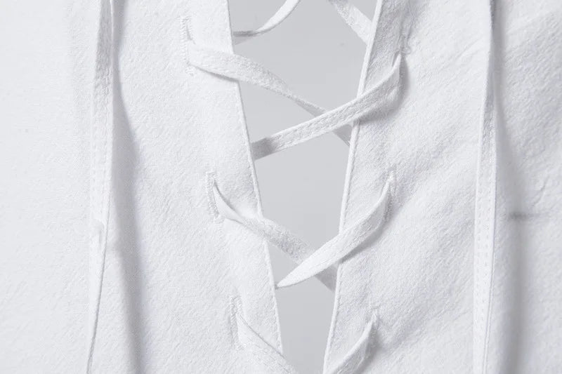 Men Cotton Linen Lace Up Long Sleeve Solid Blouse Shirts Summer Male Solid Loose Pullover Blouse Tops ARJ-A1776