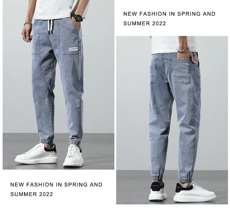 2025 Spring Summer Jeans Men Cotton Thin Beam Feet Harem Pants Elastic Drawstring Waist Light blue Joggers Trousers Male 28-38