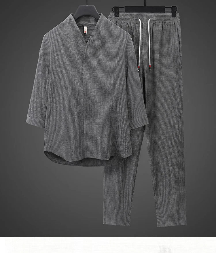 Summer Thin Ice Silk Casual Loose Sve T-irt Two-Piece Set for Young Men Comfortable Breathable Lightweight Long Pants