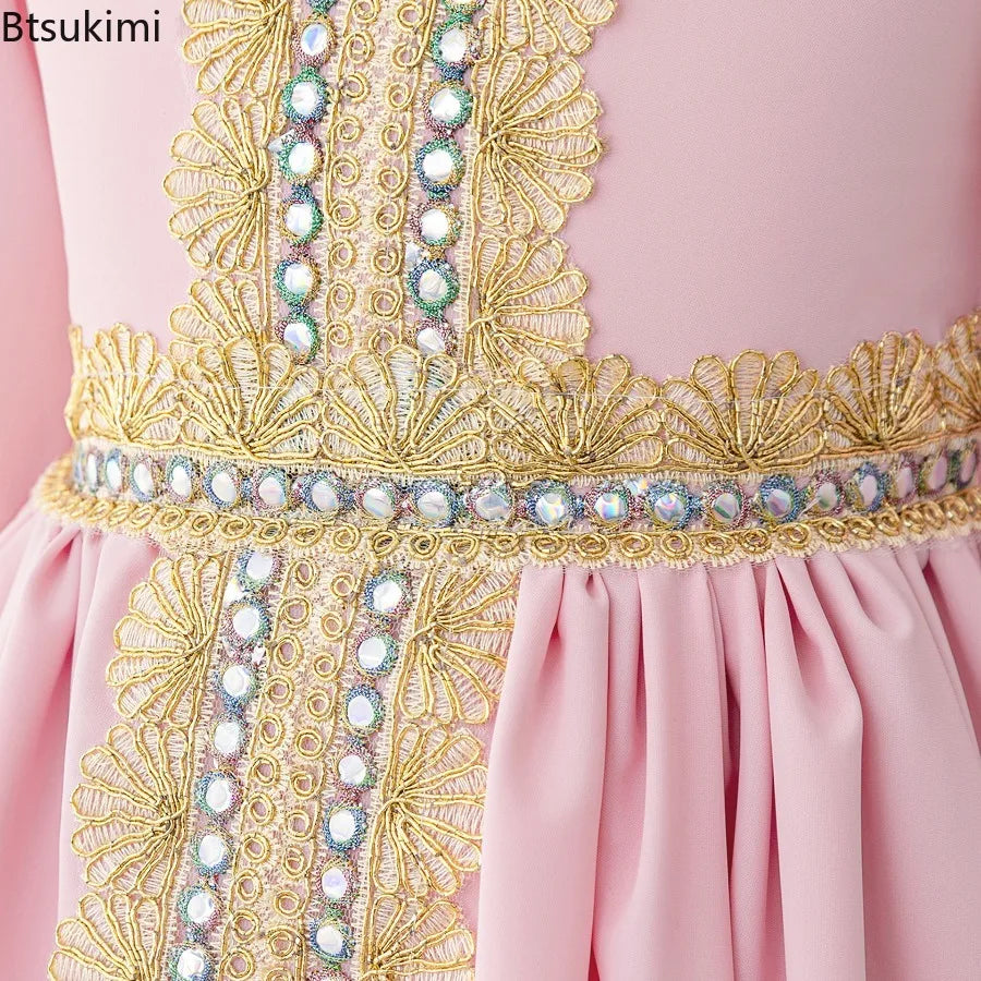Middle Eastern Arabian Kids Robe Splice Embroidered Belt Dress Muslim Long Sleeve Abayas Dubai Islam Girls Lace Dress Party Gown