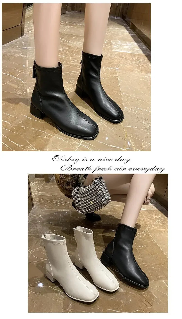 2025 New Elastic Socks Boots Women's Ankle Boots High Heels Thick Heels Square Toe Short Boots Retro Women's Shoes Botas Mujer