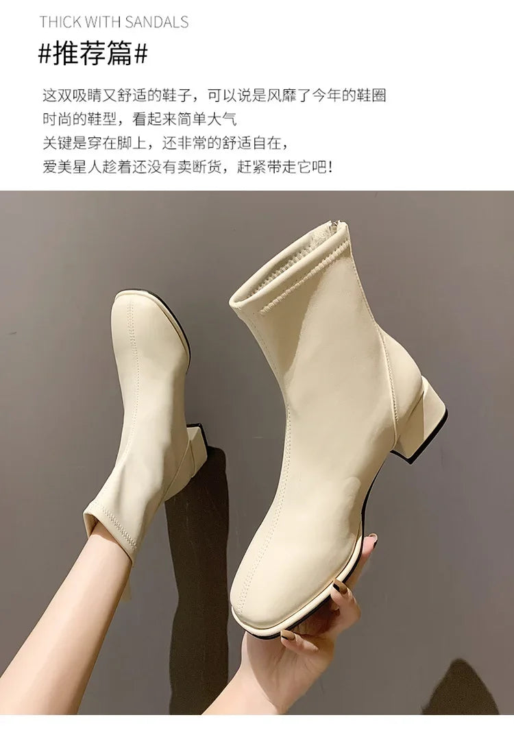 2025 New Elastic Socks Boots Women's Ankle Boots High Heels Thick Heels Square Toe Short Boots Retro Women's Shoes Botas Mujer