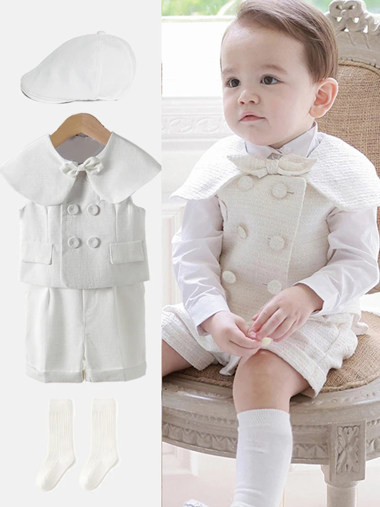 White Boys Suits Fashion Formal Baptism Party Dress Vest shawl Shorts hat 4pcs sets Outfits Kids Birthday Boutique Clothing set