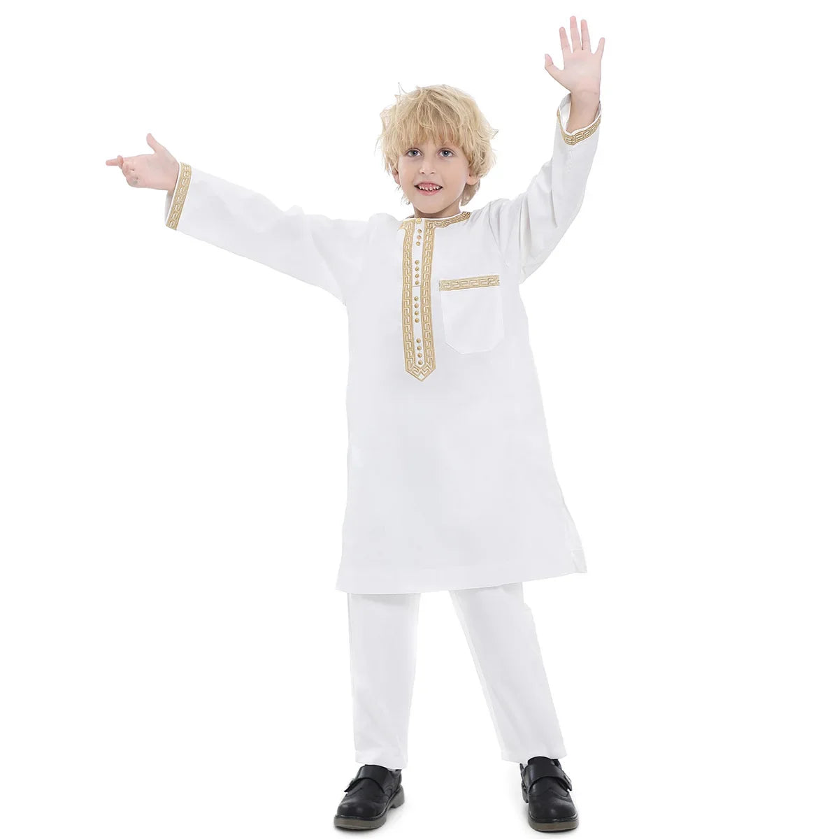 Muslim Children Robe 2 Pieces Set Kids Boy Round Neck Long Sleeve Printed Dress Shirt Abaya Kaftan Jubba Thobe Islamic Clothing