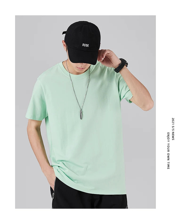 180g Solid Color 100% Cotton Men T Shirt Hip-Hop Cotton T-shirt O-neck Summer Male Causal Tshirts Fashion Loose Tees SD0021