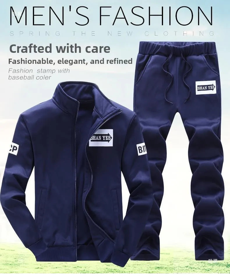 Trendy Hoodie Men's Stand Collar Jacket Casual Sportswear Long Pants Spring Autumn Youth plus Size Clothing Set