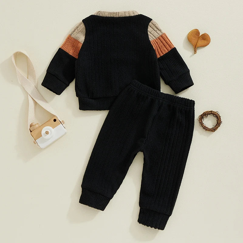 Pudcoco Infant Baby Boy 2Pcs Fall Outfits Long Sleeve Contrast Color Sweater + Pants Set Warm Clothes