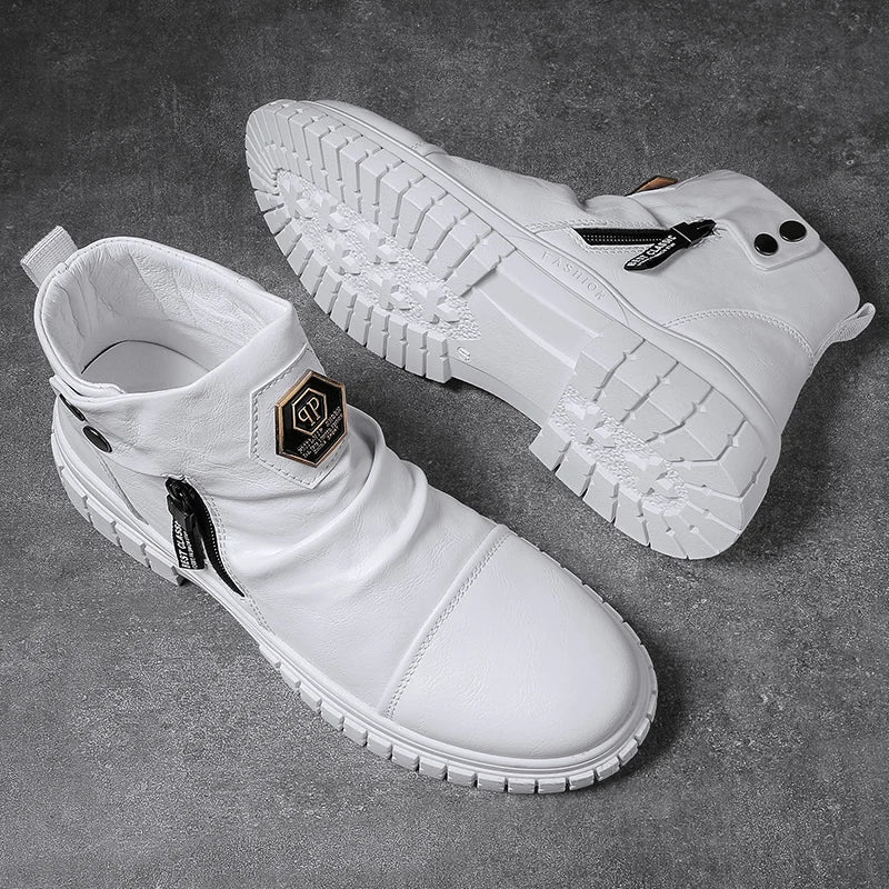 Fashion Mens Ankle Boots British Style High Top Casual Shoes Outdoor Walking Shoes Non-slip Work Boots Comfortable Leather Boots