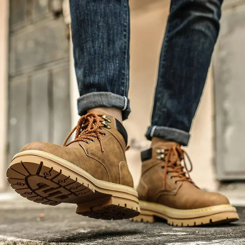 Men Ankle Boots Platform Leather Boots 2025 Fashion Brown Lace-up Boot High Top Comfortable Casual Shoes Non-slip Work Men Boots