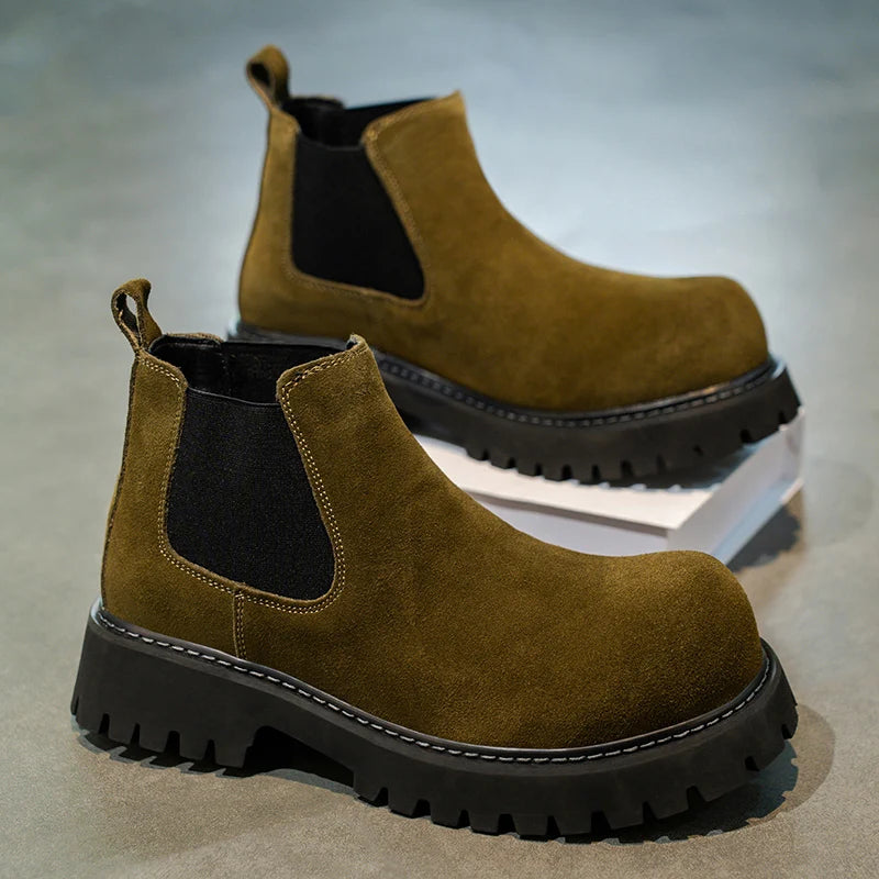 High Quality Fashion Mens Boots Black Boots Fashion Casual British Style Thick Bottomed Mid-top Chelsea Boots Large Size